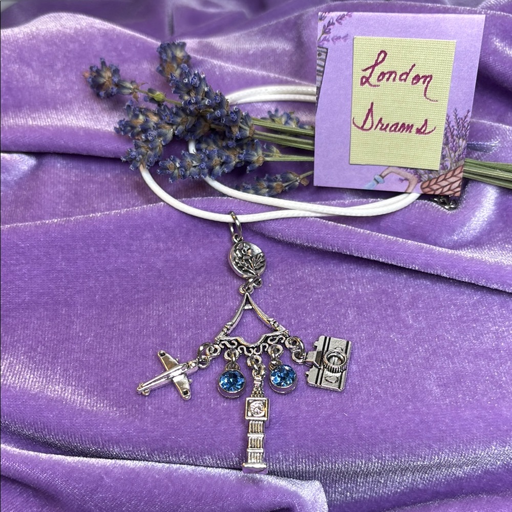 “London Dreams” ~ Silver Charm Necklace with Blue Gem Accents. Custom made.